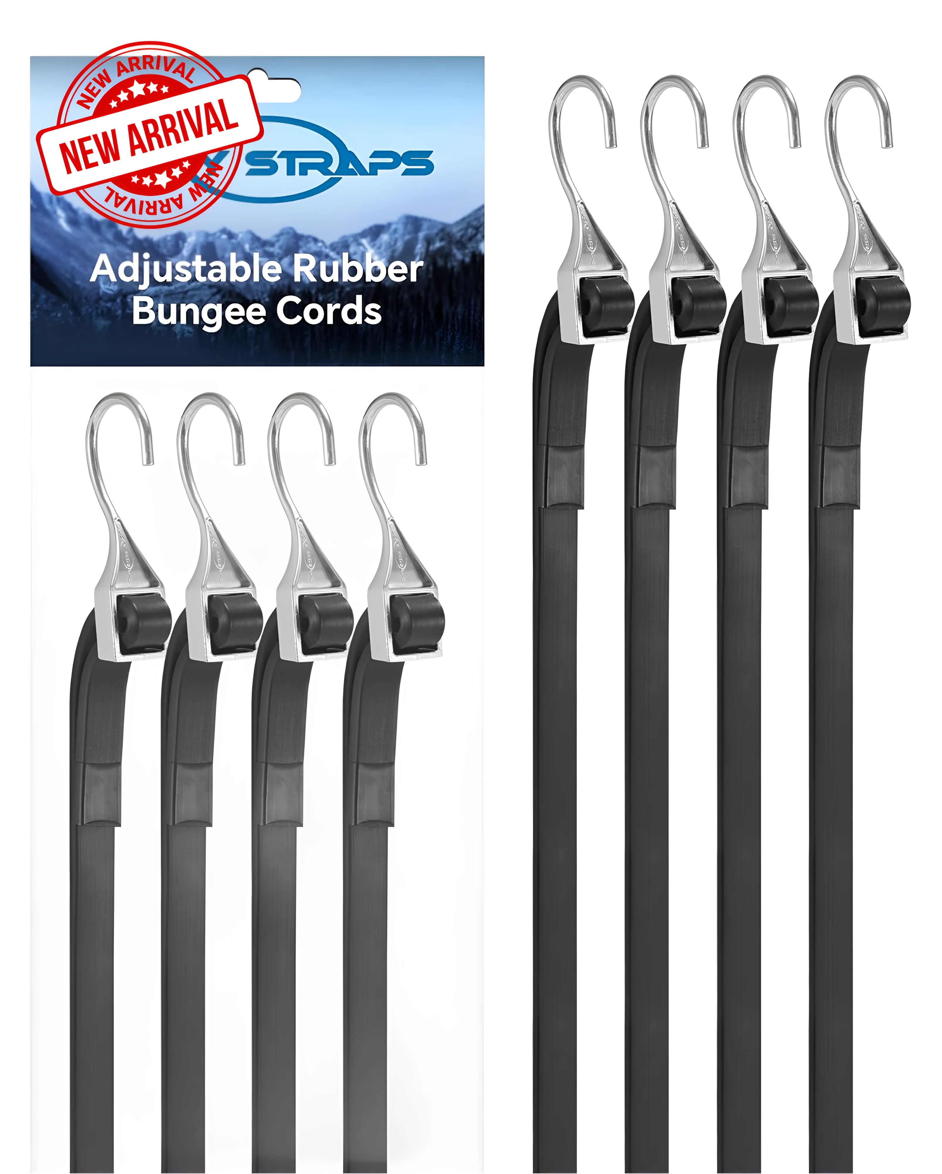 The Lucky Straps Adjustable Rubber Bungee stretches, snaps, and secures in 2 seconds! Adjust from 6” to 36” with a pinch, slide, and lock. Perfect for truckers, warriors, or anyone needing quick fixes. LuckyStraps’ 1.9X rubber flexes more, carries heavier loads, and grips tighter. Crimped S hooks lock on cargo securely. Made with military-grade rubber, they withstand sun, snow, and abuse. Available in 6 sizes (12”-60”) with an 8-pack for all your securing needs.