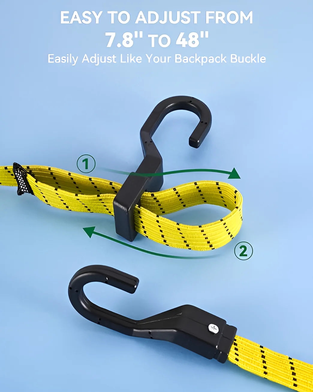 Stop wasting time with slow bungee cords! Meet LuckyStraps Flat Adjustable Bungee Cords – 3X faster, 2X stretchier, and built to last! With a genius single-bar buckle, you can adjust from 7.8” to 48” in just 2 seconds—no tools, no frustration. Made with Thai latex, these cords stretch 2X farther than others, securely holding your gear even on bumpy roads. UV-resistant and paired with durable 3mm steel hooks, they withstand all weather and tough conditions. Available in sizes from 12” to 100”, they’re perfec