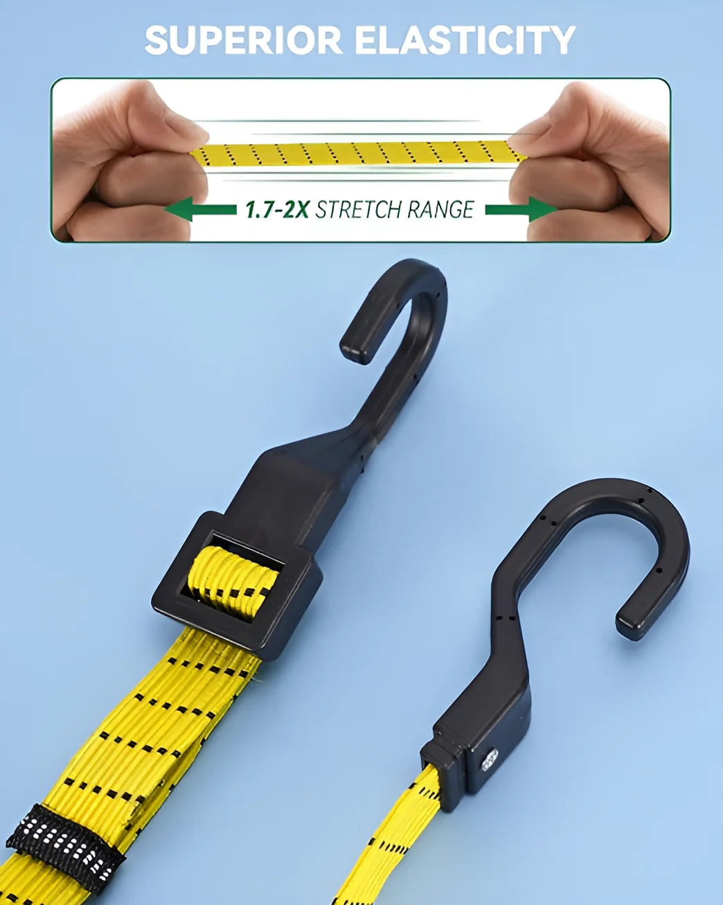 Stop wasting time with slow bungee cords! Meet LuckyStraps Flat Adjustable Bungee Cords – 3X faster, 2X stretchier, and built to last! With a genius single-bar buckle, you can adjust from 7.8” to 48” in just 2 seconds—no tools, no frustration. Made with Thai latex, these cords stretch 2X farther than others, securely holding your gear even on bumpy roads. UV-resistant and paired with durable 3mm steel hooks, they withstand all weather and tough conditions. Available in sizes from 12” to 100”, they’re perfec