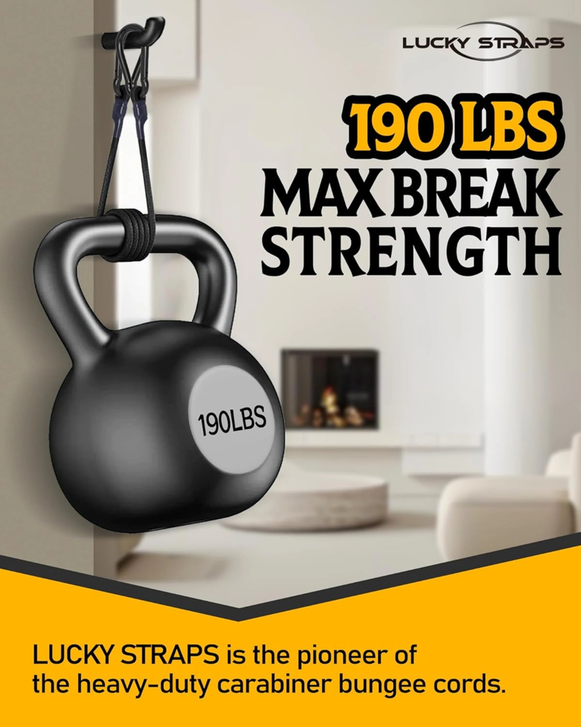 Lucky Straps Heavy-Duty Carabiner Bungee Cords with 190 Lbs (86.18 kg) Max Break Strength (8 Pieces)