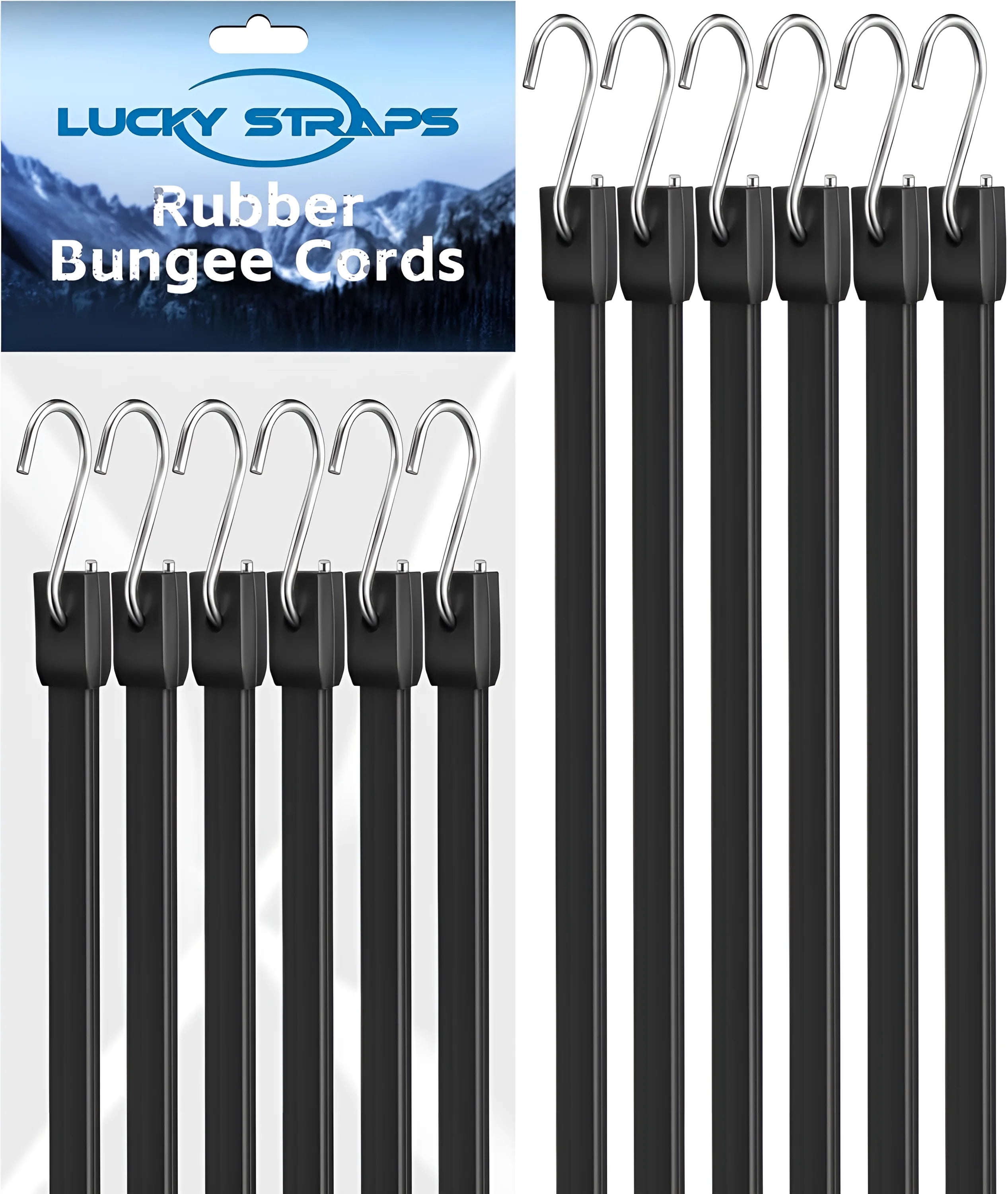 LuckyStraps Short Rubber Bungee Cords (12-Pack) – the ultimate grip for your gear, cargo, and adventures. These heavy-duty mini bungees lock down small items like tools, tarps, bike racks, and luggage with military-grade tension, eliminating sagging or slipping. Featuring upgraded crimped S-hooks for a zero-slip guarantee, these cords stretch 1.9X their size, securing tighter and flexing for oddly shaped loads. Made from 100% rubber, they resist rain, UV rays, and rough roads.